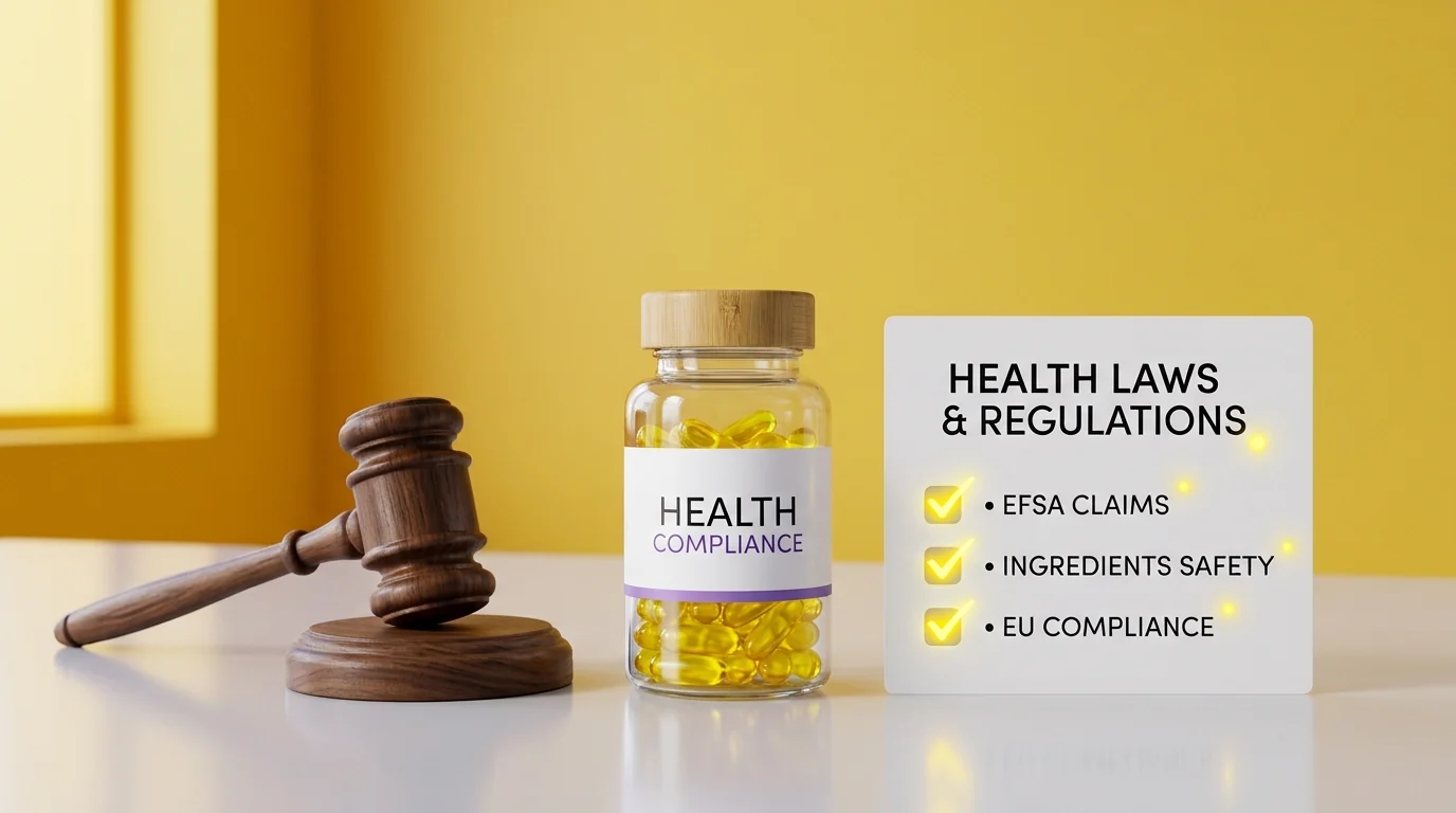 Richterhammer neben einer Dose Nahrungsergänzungsmittel und einer Tafel mit den Stichworten EFSA Claims, Ingredients Safety und EU Compliance